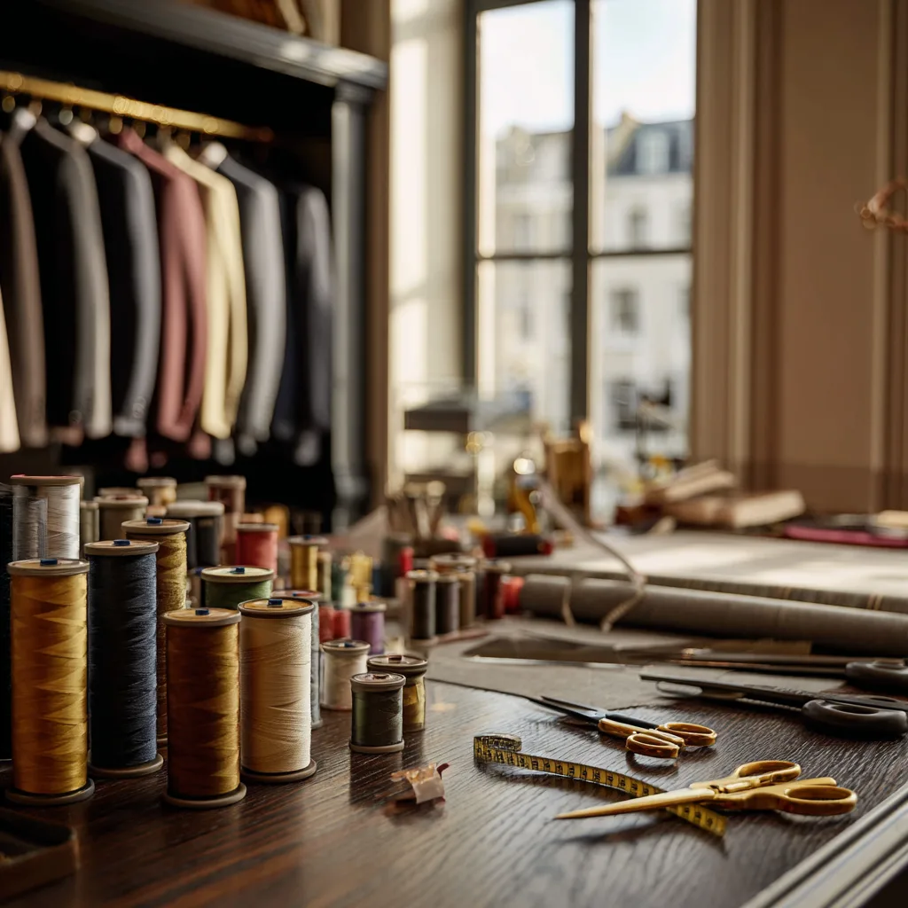 Tailor atelier workbench — thread spools, scissors and fabric in golden light